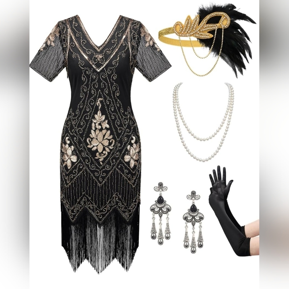 Women's Flapper Dresses 1920s Fringed Sequin Great Gatsby Dress with Accessories